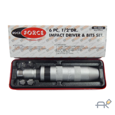 Отвертка ударная с набором бит и адаптером.6пр.1/2(F)х5/16(F) (PH2.3х35мм. SL9.11х35мм).в метал. кейсе RF-5064 